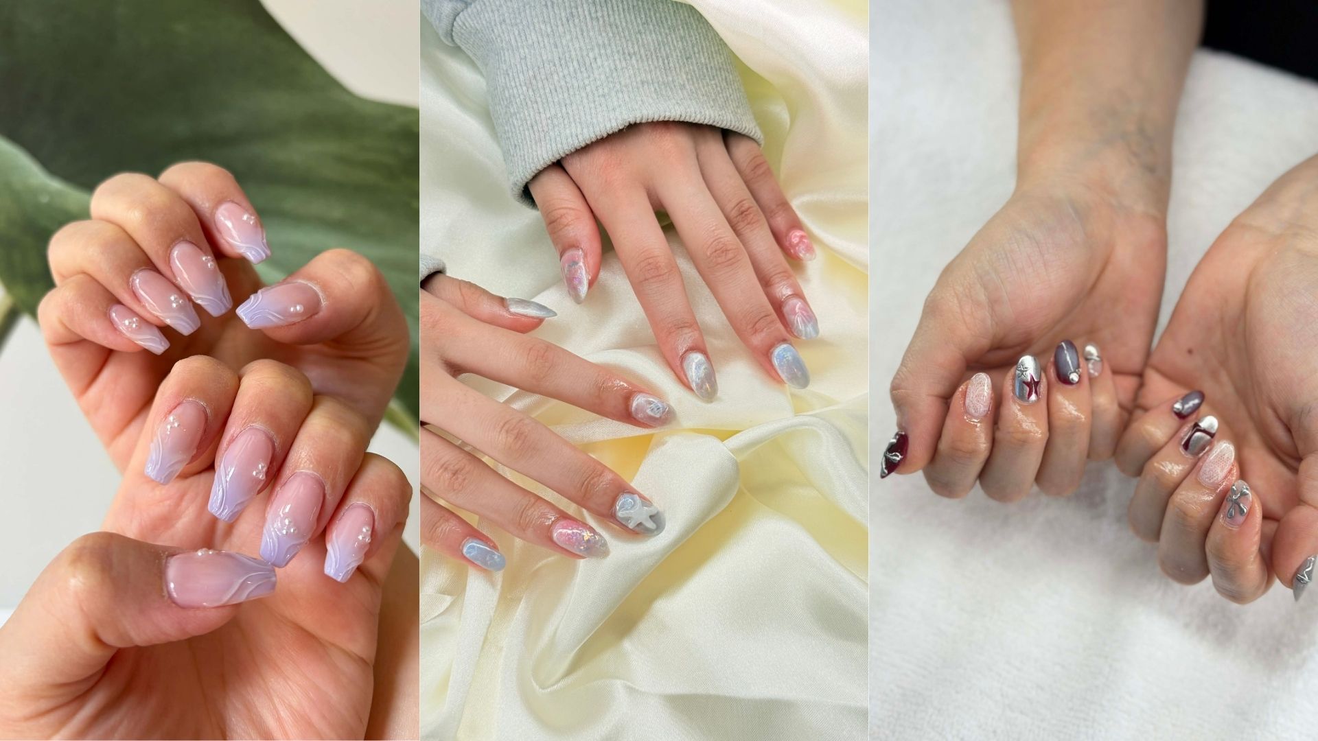 A three-panel collage showing three different nail designs. The left panel features short, rounded nails in shimmering pink, champagne gold, silver, and pale blue. The center panel shows colorful short nails with playful pink, blue, green, and yellow designs and small graphic details. The right panel features long almond-shaped nails with a soft pink and lavender finish, decorated with tiny blue evil-eye accents.