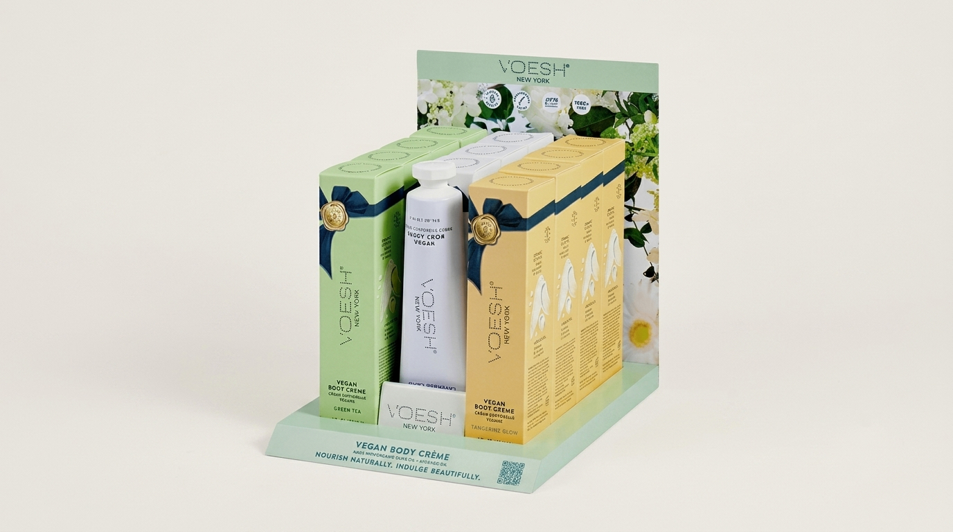 A V.O.E.S.H. New York display featuring vegan body cream products in green, white, and yellow packaging, arranged on a branded stand with floral graphics