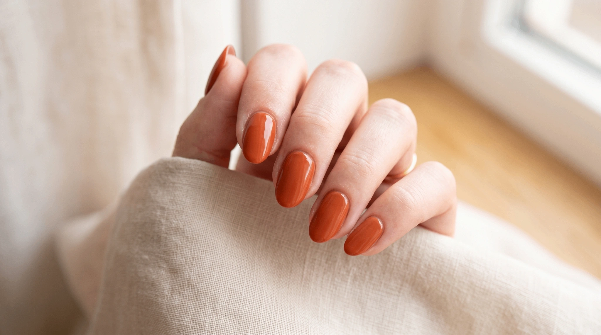 Hand with glossy burnt orange almond-shaped nails resting on a beige blanket near a window.