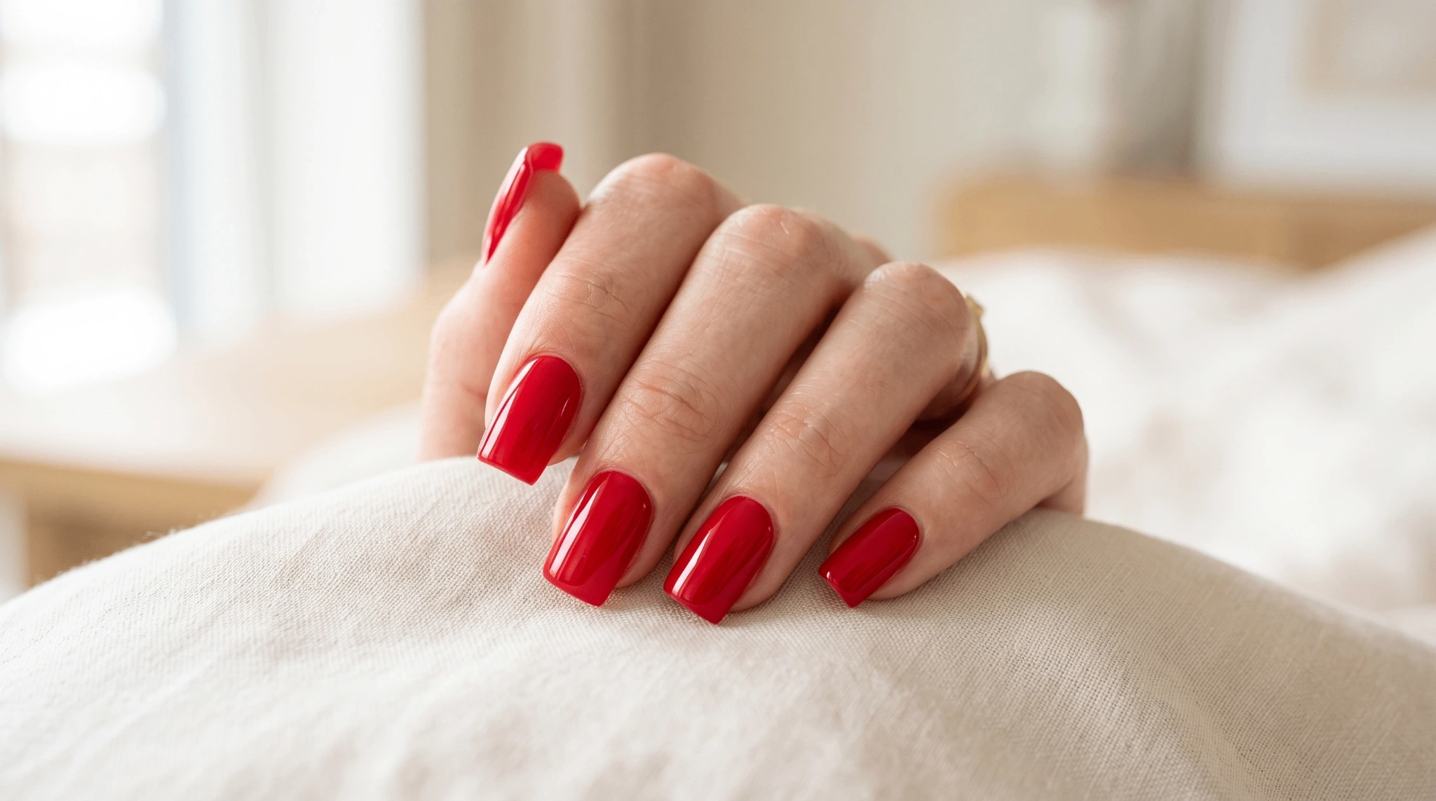 Hand with vibrant red square-shaped nails resting on a white cushion in a bright indoor space.